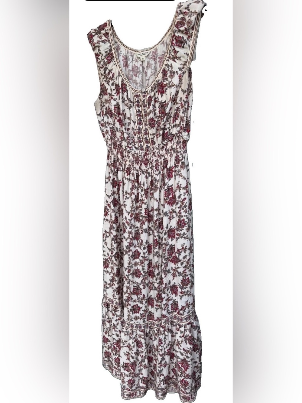 Max Studio London Boho Floral Smocked Midi Dress XS Ivory Burgundy
